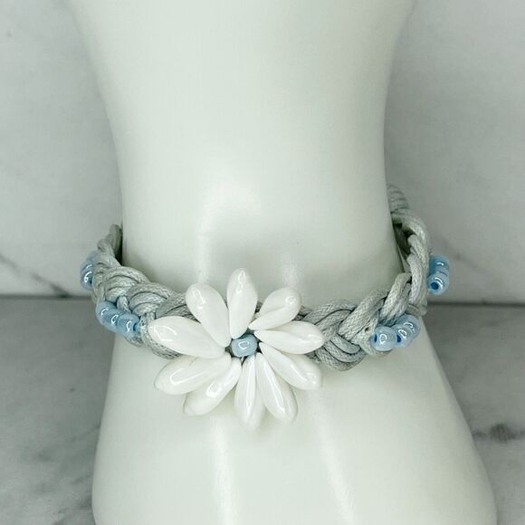 Blue Braided Woven Shell Flower Adjustable Bracelet - Picture 1 of 12